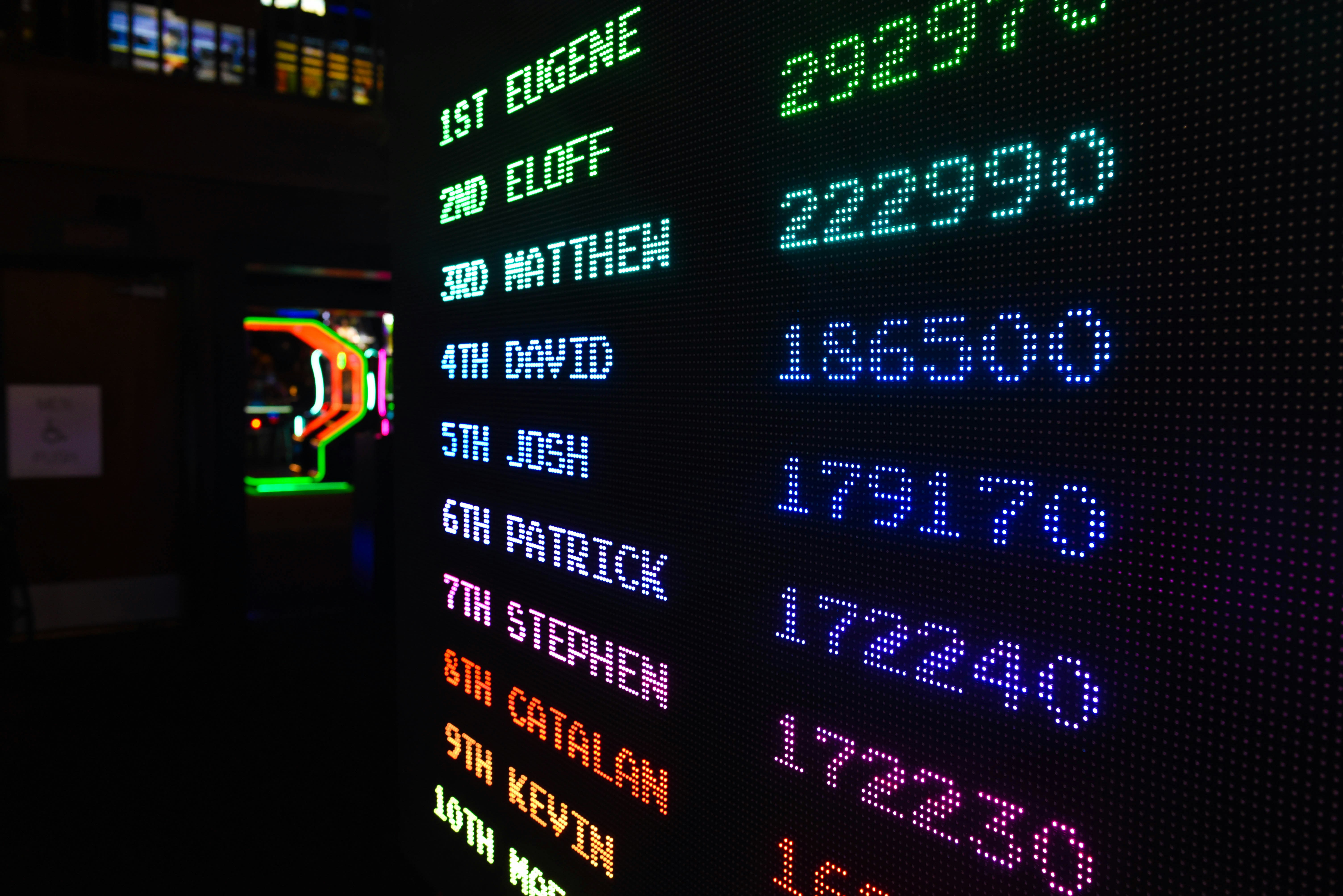 Photo of an arcade machine leaderboard.